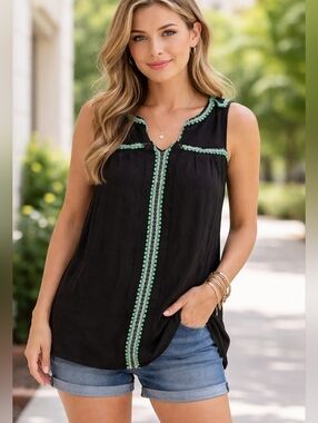 Daniel Rainn Black Top with Teal Embellishments